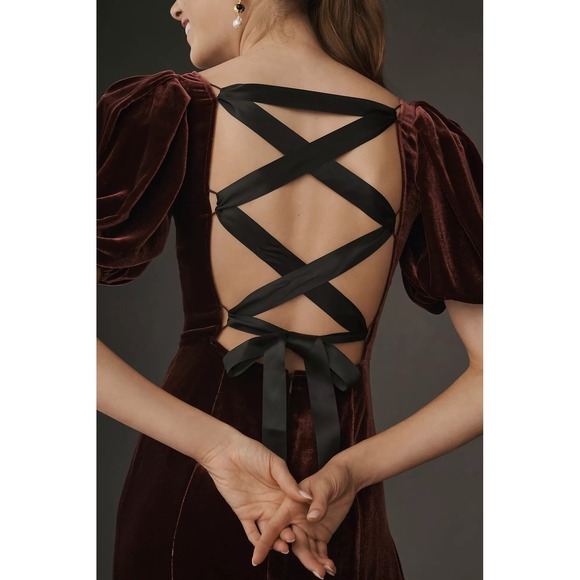 NWT Reformation Jocelyn Velvet Dress Size 12 Wine Holiday Open Back Midi Gown - Picture 3 of 7